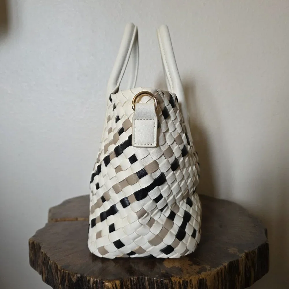 Satchel Tote Cream Black Neutral Top Handle Bag - Picture 9 of 16